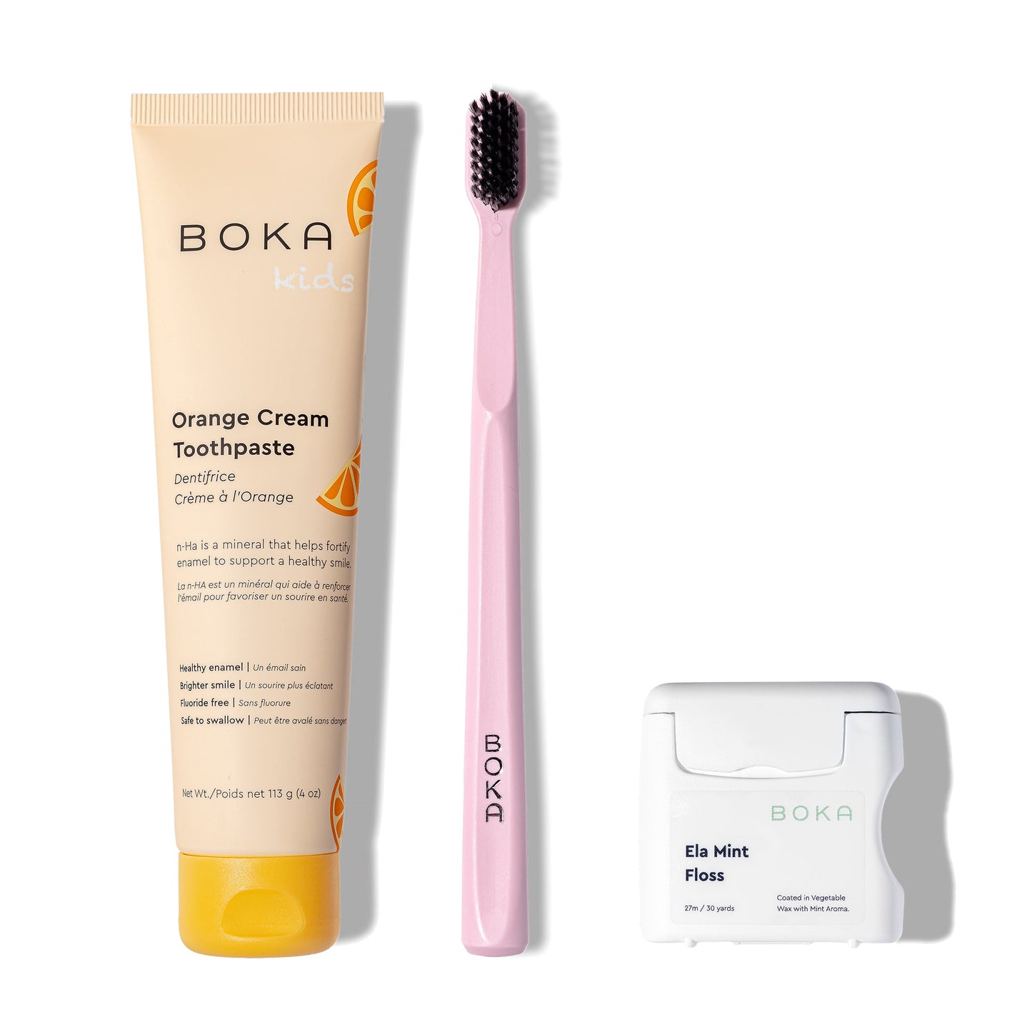 Classic Kit: nano-hydroxyapatite toothpaste, pink brush with charcoal bristles, and teflon-free floss.