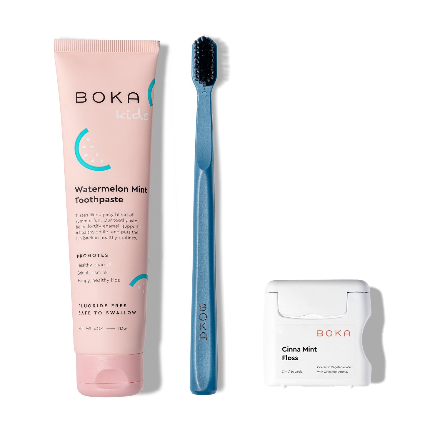 Classic Kit: pink nano-hydroxyapatite toothpaste, blue charcoal-bristle brush, teflon-free floss.
