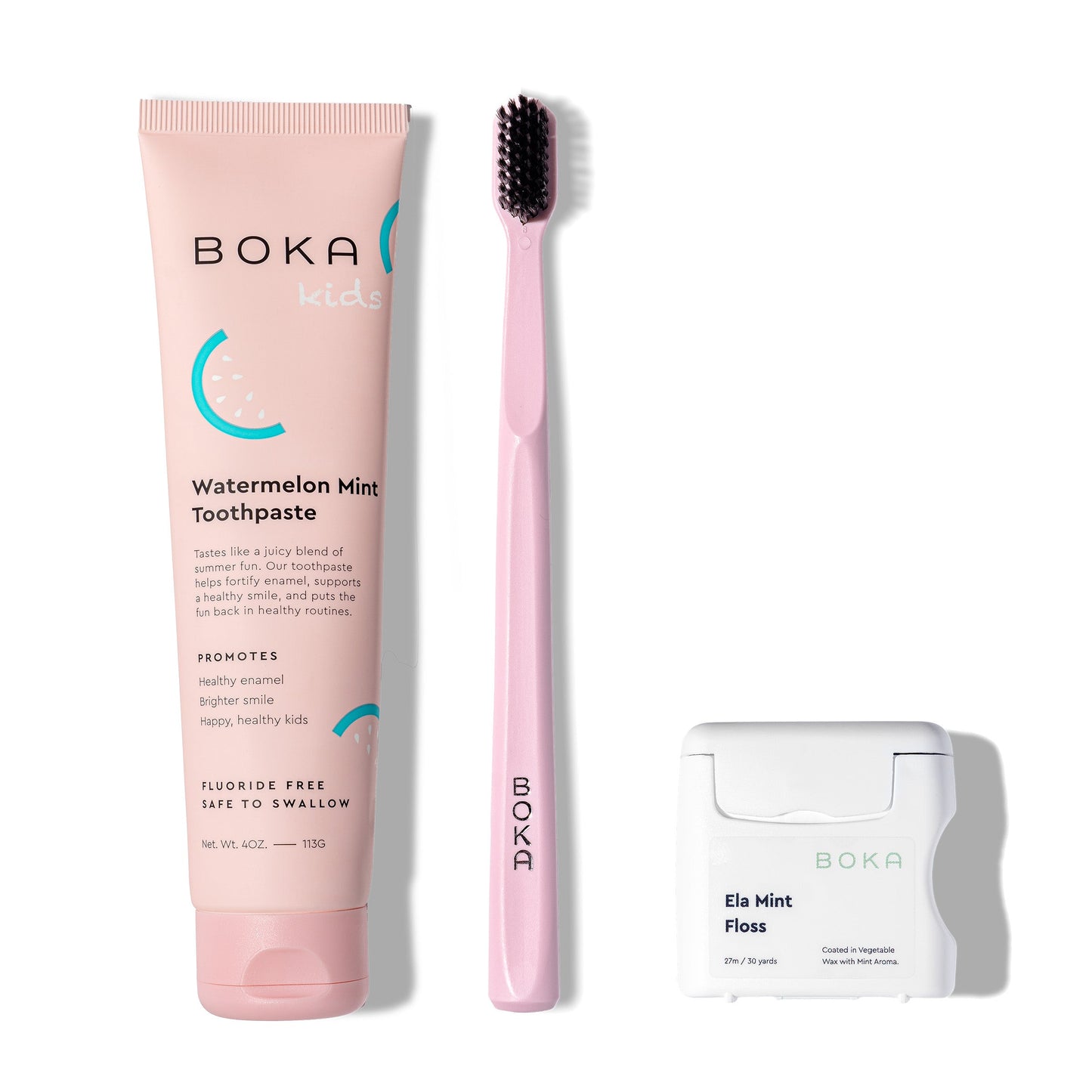 Boka Classic Kit: kids’ pink nano-hydroxyapatite toothpaste, pink charcoal toothbrush & floss.