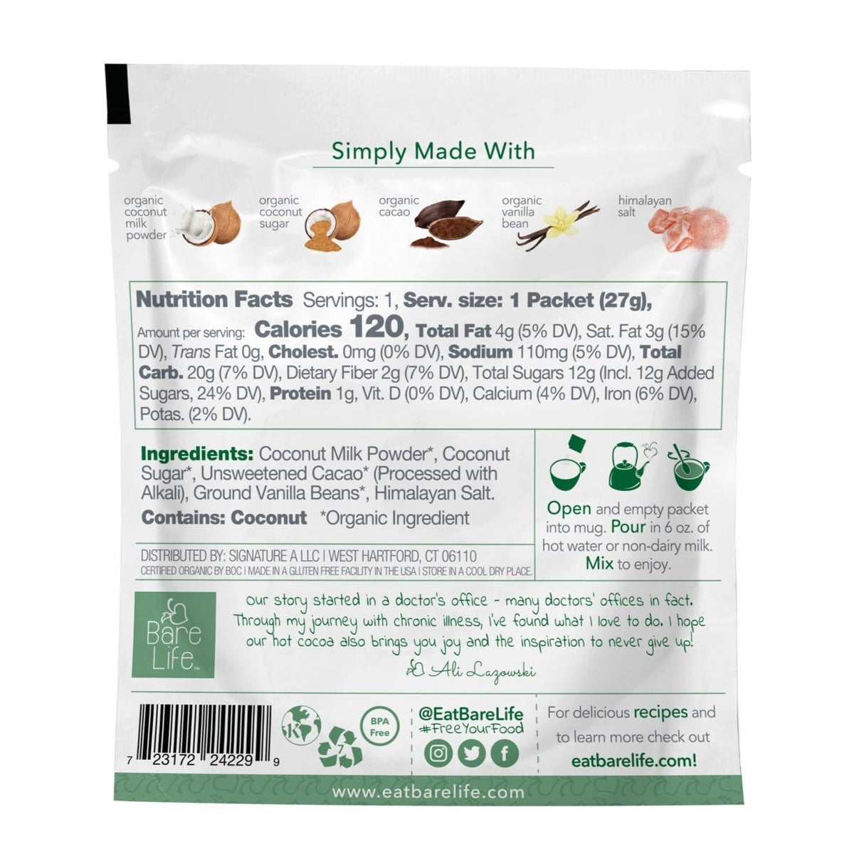 Instant Dairy Free Coconut Hot Cocoa Mix | Single Serving 5 Pack |Gluten Free, Vegan and Organic - Vegan America
