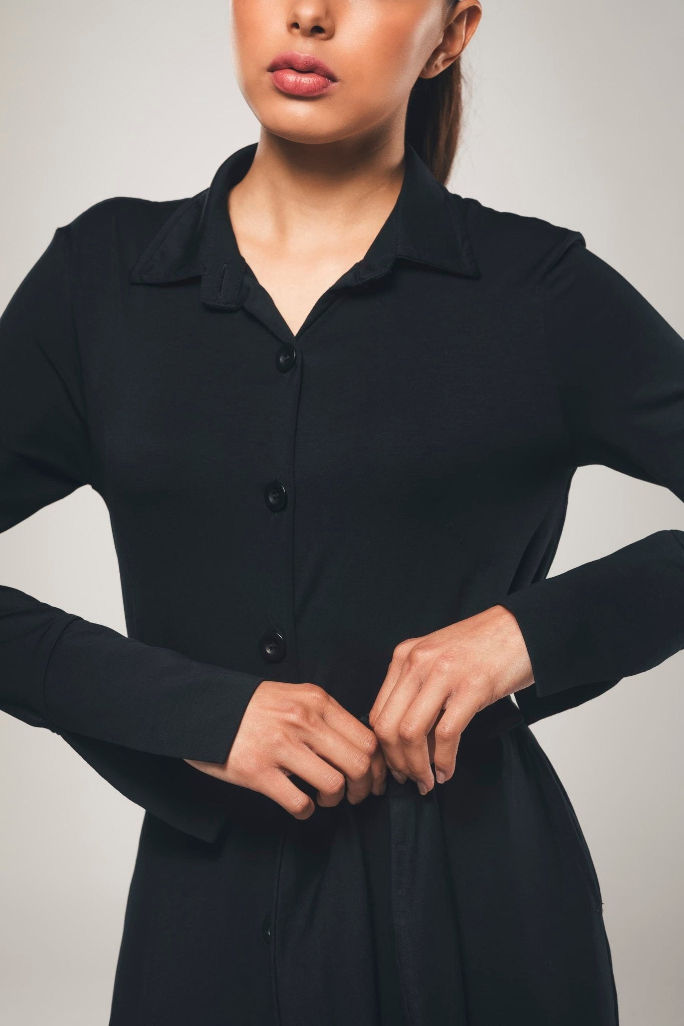 Maxi Longsleeve Shirt Dress in Black - Beatrice - Vegan America