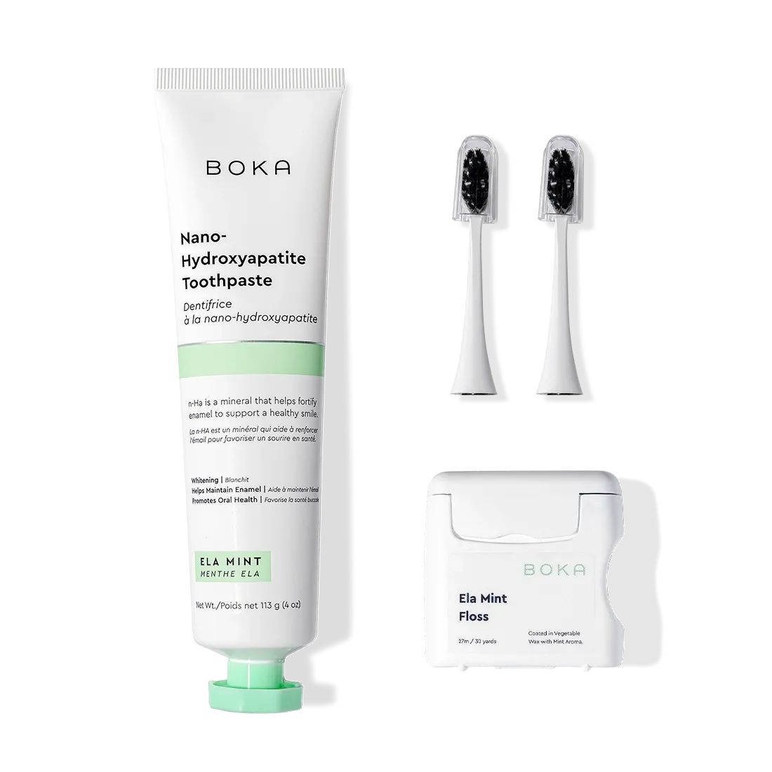 Boka Kit Refill, featuring brush heads, n-Ha toothpaste, and floss on a white background.