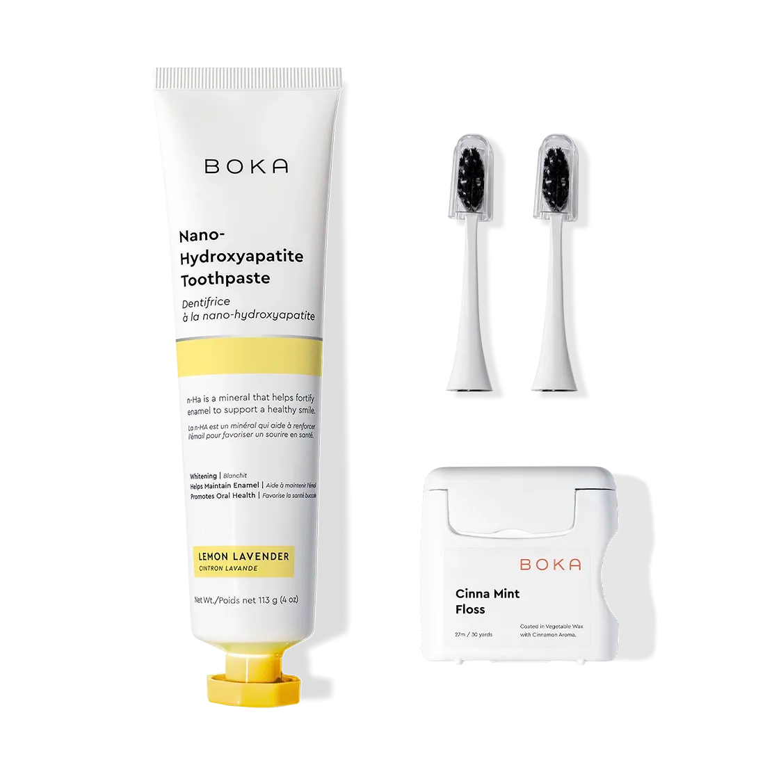 Boka Kit Refill, featuring toothpaste, brush heads, and petroleum-free floss, is shown.