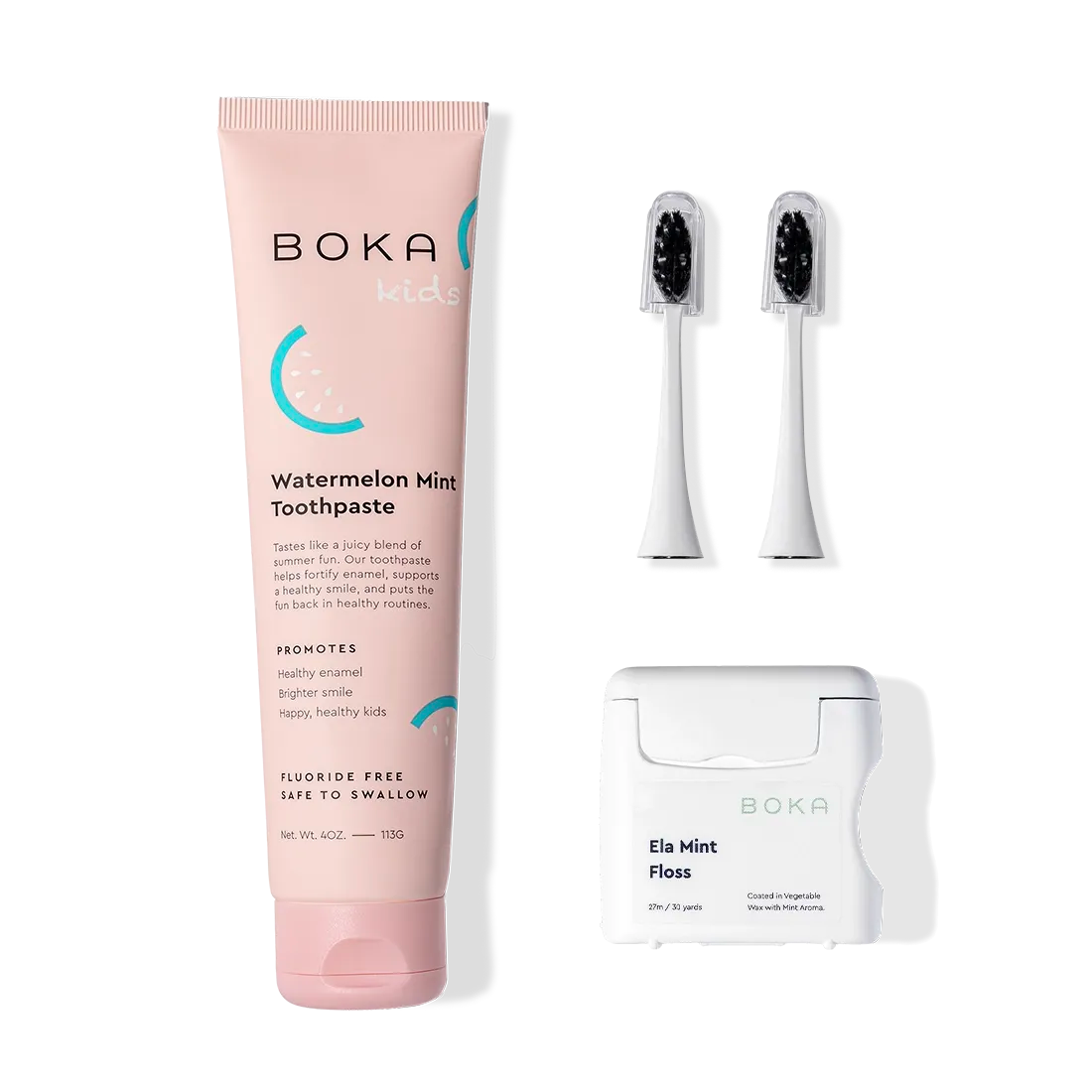 Boka Kit Refill: Kids n-Ha Toothpaste, 2 Brush 2.0 Heads & Ela Mint Floss on white.