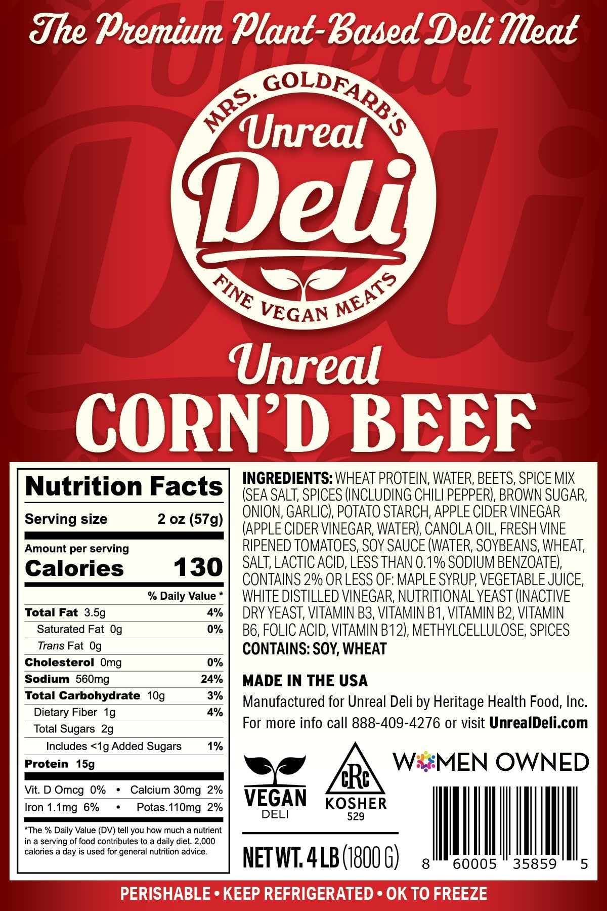 The Deli Maven Corn'd Beef - 32 lbs Unsliced - Vegan America