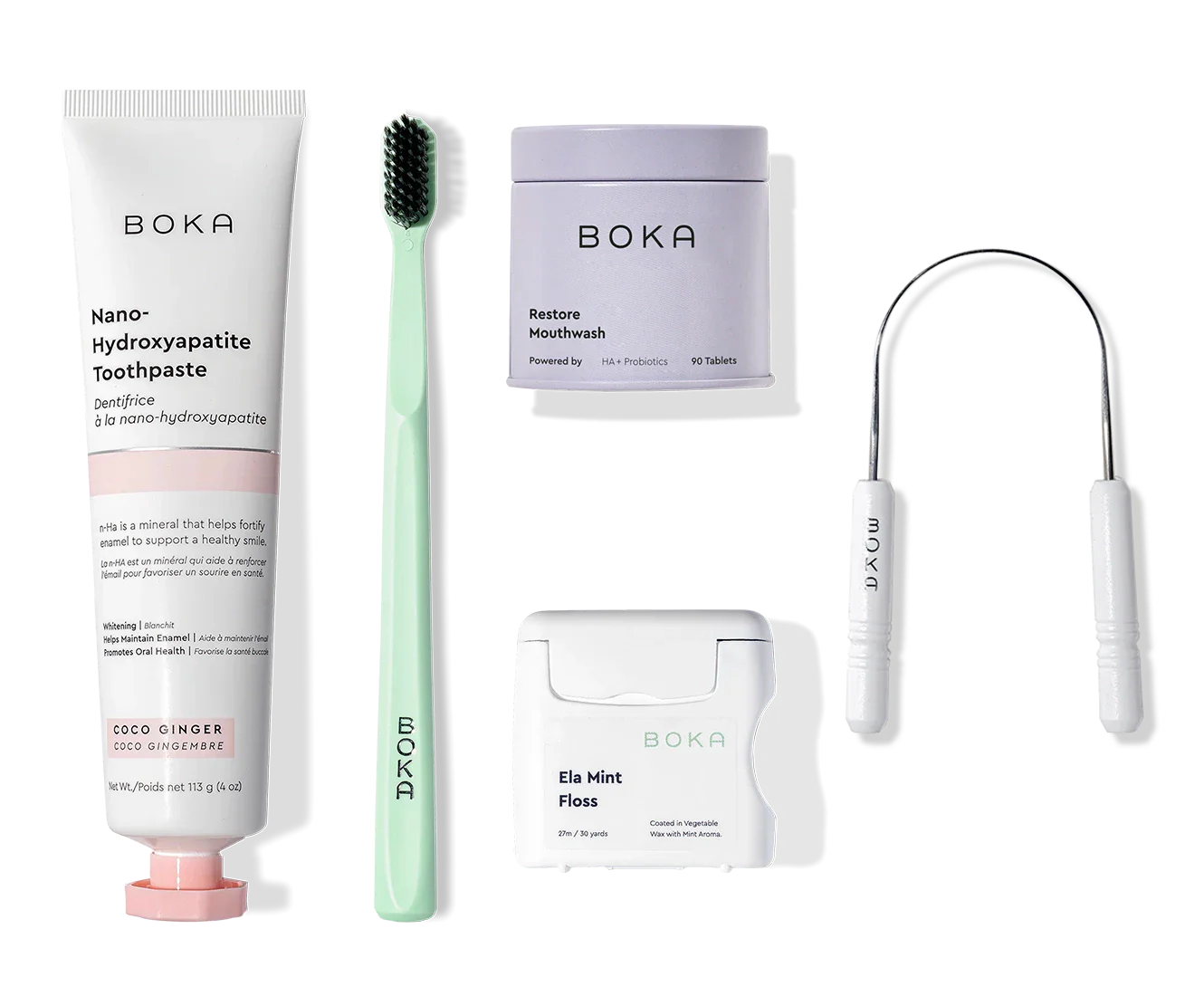 Complete Kit: fluoride-free toothpaste, green toothbrush with charcoal bristles, floss, and more.