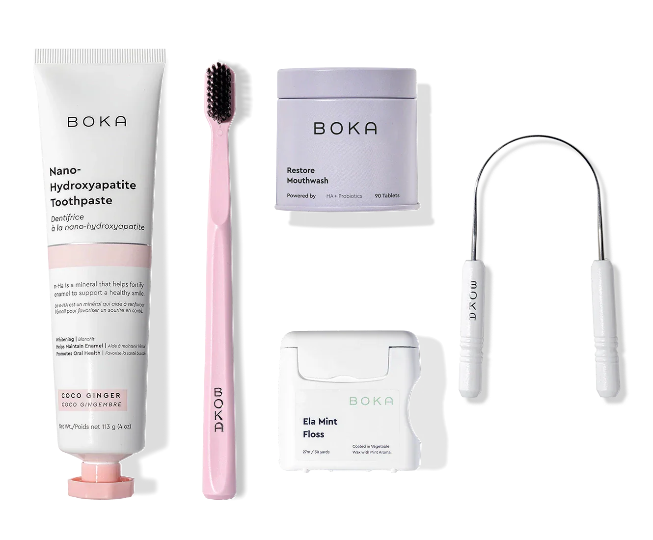 Complete Kit: fluoride-free toothpaste, pink charcoal toothbrush, mouthwash tablets, floss, tongue scraper.