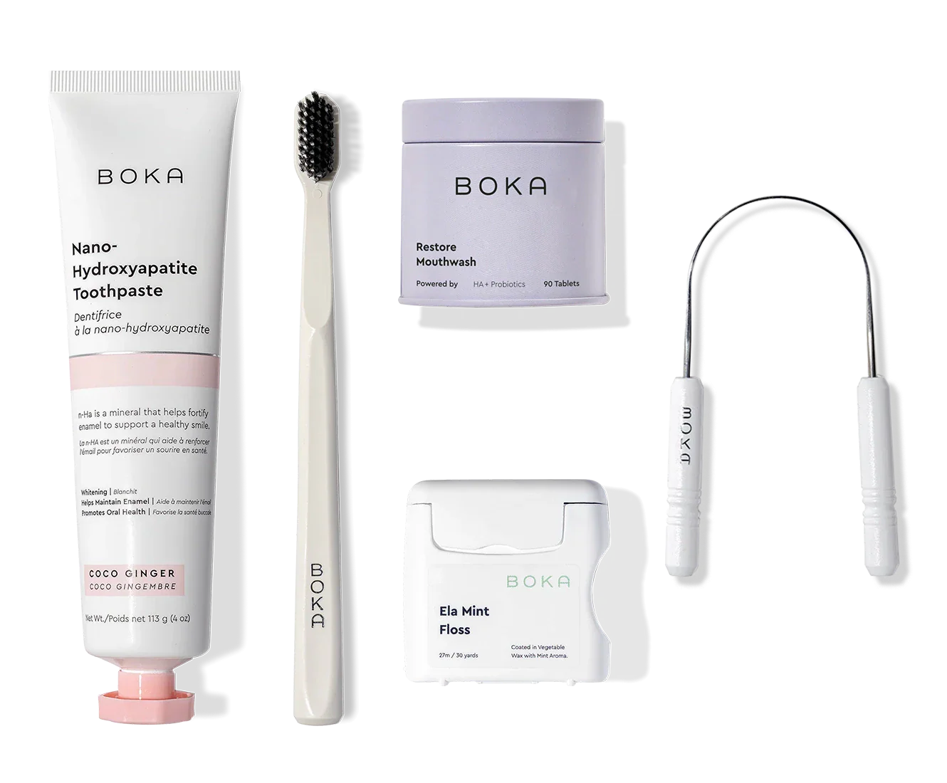 Complete Kit with fluoride-free toothpaste, charcoal bristles, floss, and more for dental care.