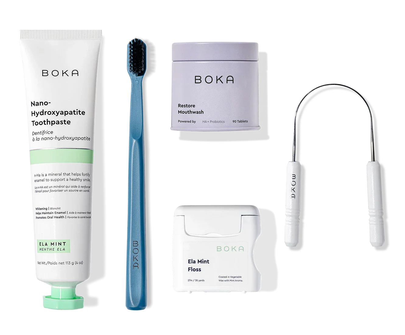 Complete Kit: fluoride-free toothpaste, charcoal bristle brush, tablets, floss, and tongue scraper.