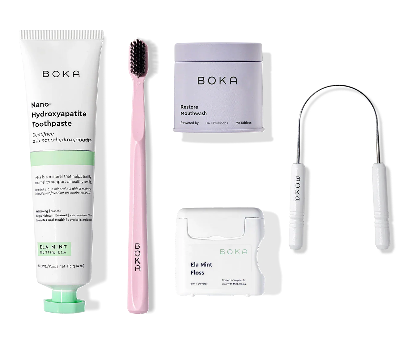 Complete Kit: nano-hydroxyapatite toothpaste, pink charcoal brush, probiotics mouthwash, floss, scraper.