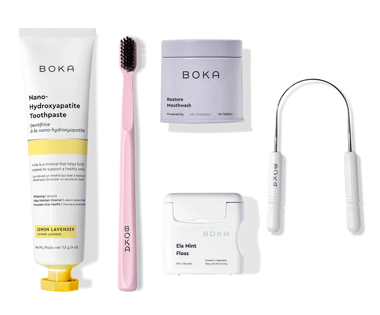 Complete Kit: fluoride-free toothpaste, pink toothbrush, probiotic mouthwash tablets, floss, tongue scraper.