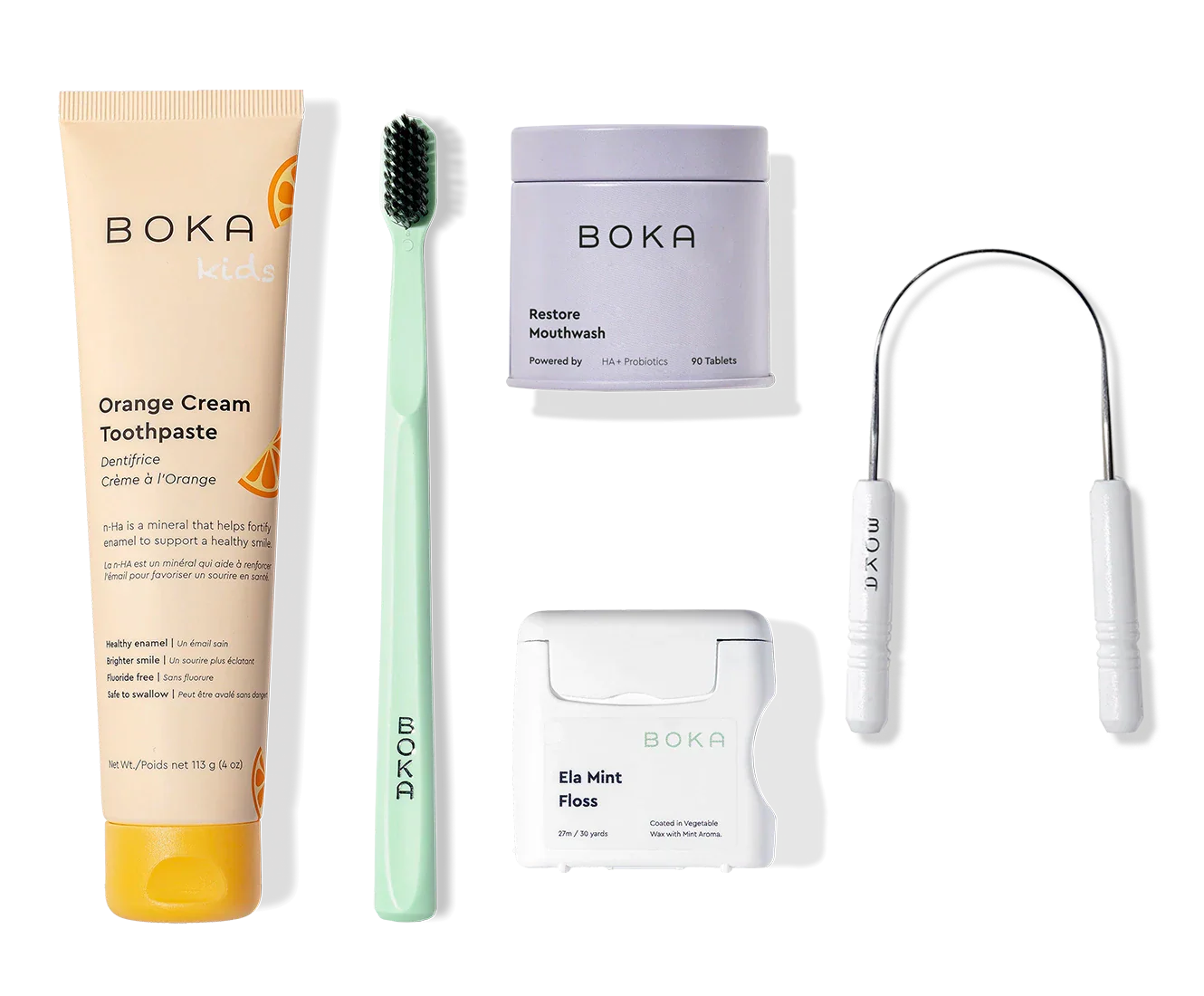 Boka Complete Kit: fluoride-free toothpaste, probiotic mouthwash, floss, and tongue scraper.