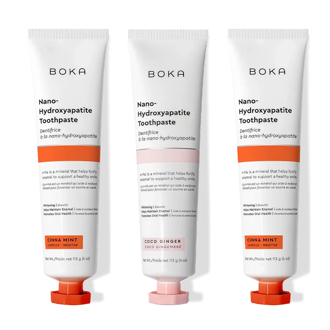 Three Cinna Mint 3 Pack Nano (n-Ha) Toothpastes standing upright.