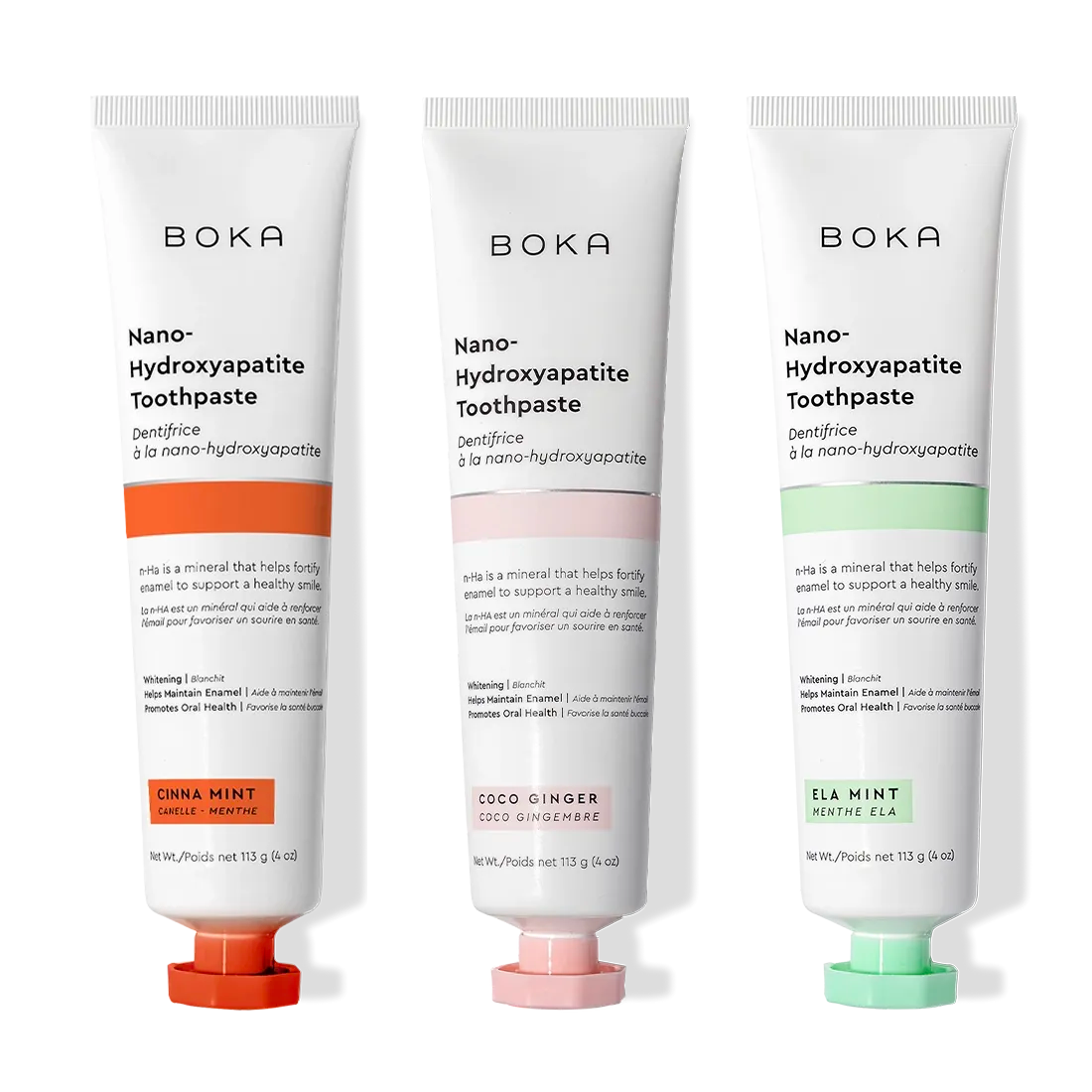 Boka Cinna Mint 3 Pack Nano (n-Ha) Toothpaste freshens breath with nano-hydroxyapatite.