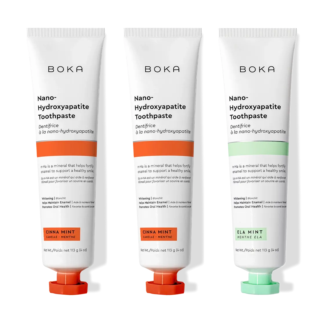 Cinna Mint 3 Pack Nano (n-Ha) Toothpaste to remineralize teeth, in orange, red, and green caps.