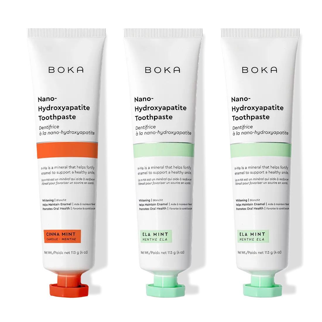 Three tubes of Cinna Mint 3 Pack Nano (n-Ha) Toothpaste freshen breath with nano-hydroxyapatite.