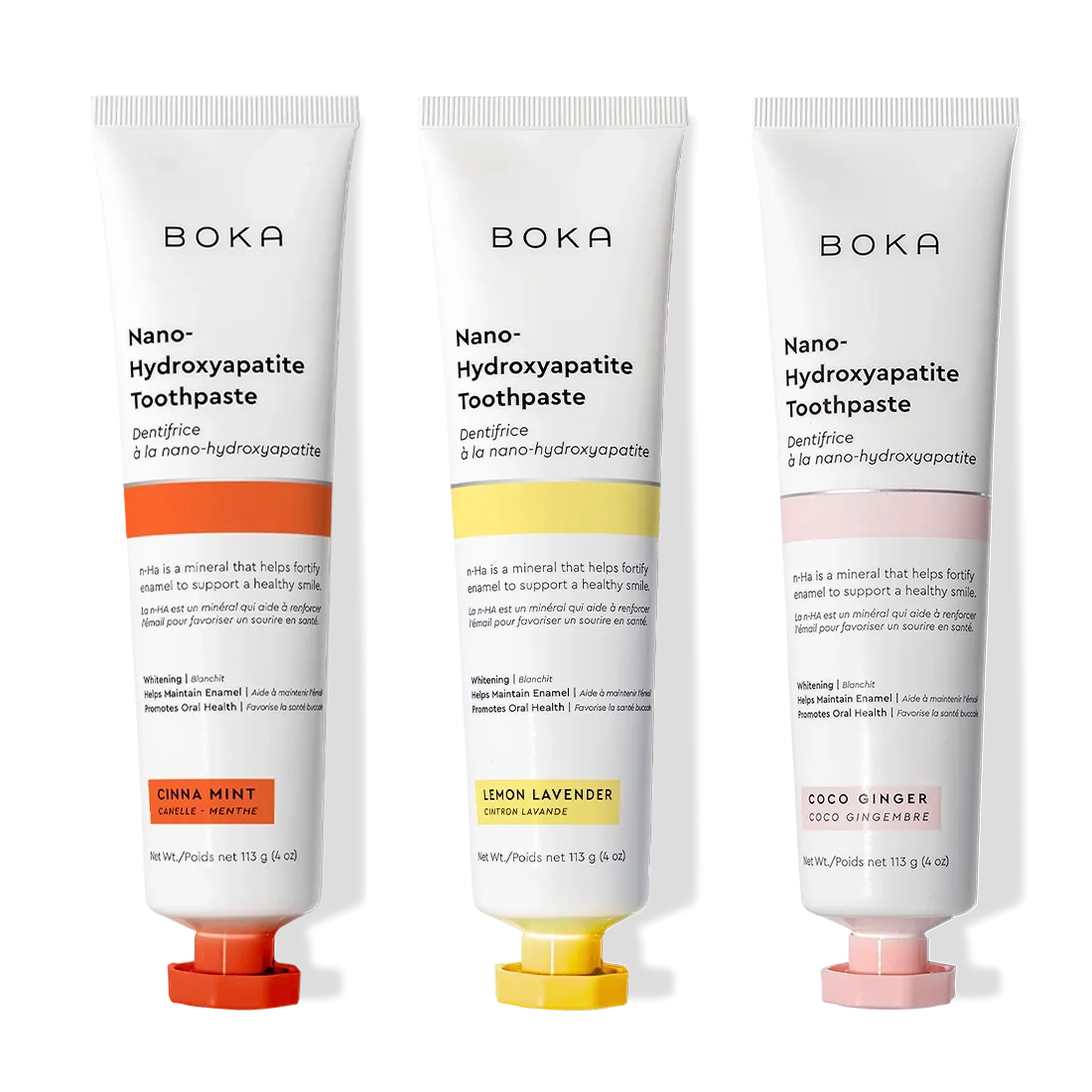 Three tubes of Cinna Mint 3 Pack Nano (n-Ha) Toothpaste freshen breath with unique flavors.