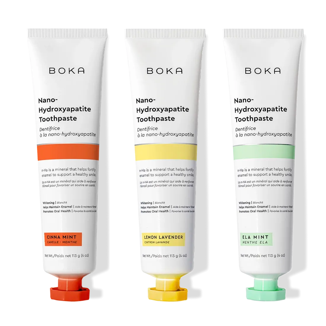 The Cinna Mint 3 Pack Nano (n-Ha) Toothpaste features three tubes to help fortify enamel.