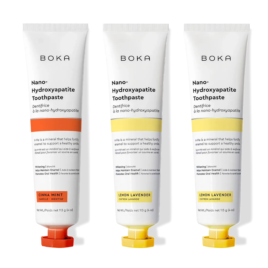 Three-pack of Boka Cinna Mint Nano (n-Ha) Toothpaste to remineralize your teeth.