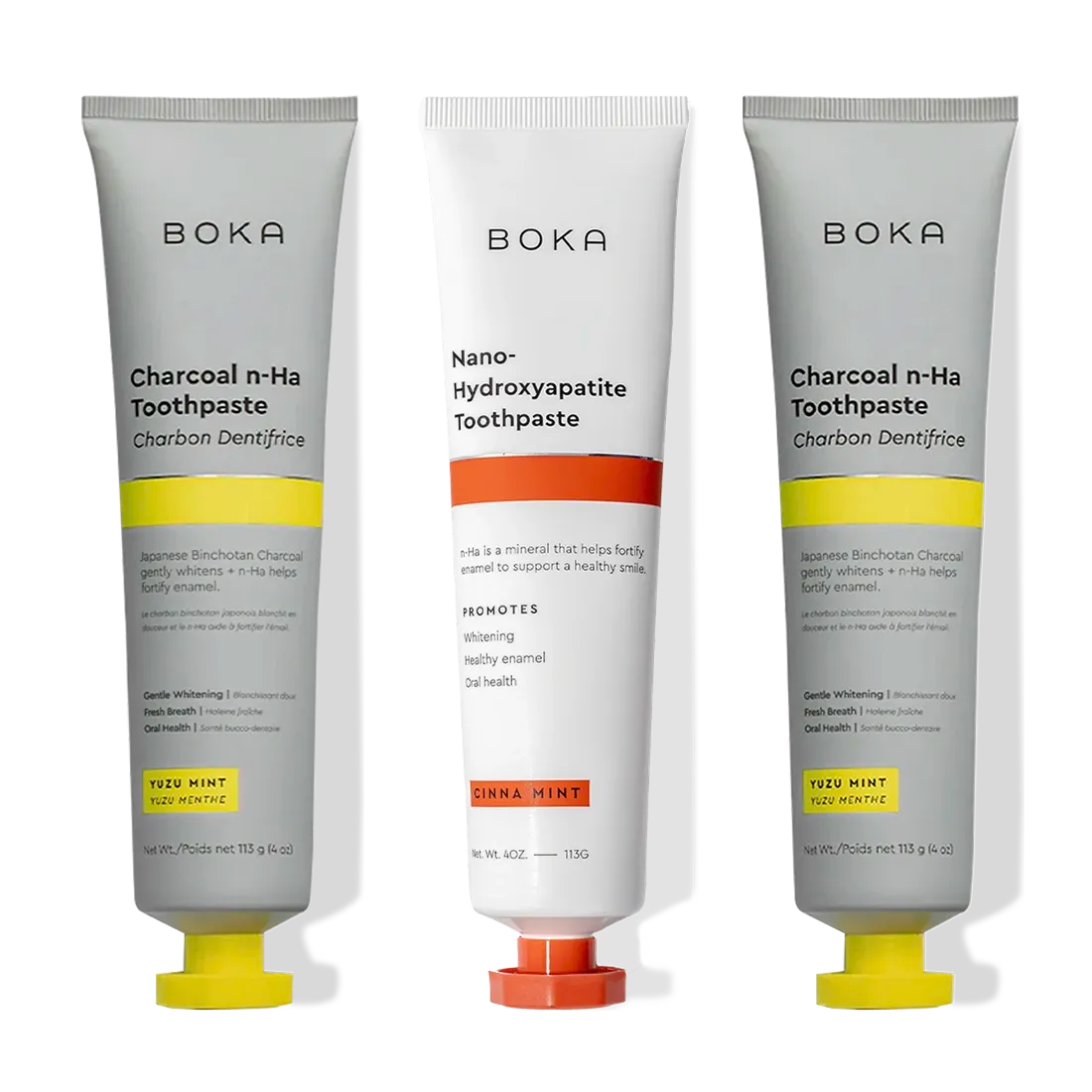 Three tubes of Charcoal Yuzu Mint Whitening n-Ha Toothpaste 3-pack for a brighter smile.