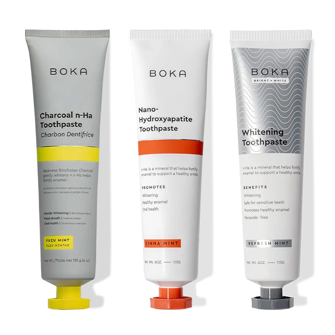 Three tubes of Charcoal Yuzu Mint Whitening n-Ha Toothpaste 3-pack for a brighter smile.