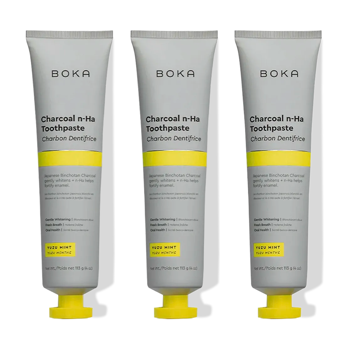 Charcoal Yuzu Mint Whitening n-Ha Toothpaste 3-pack for a brighter smile, yellow caps.