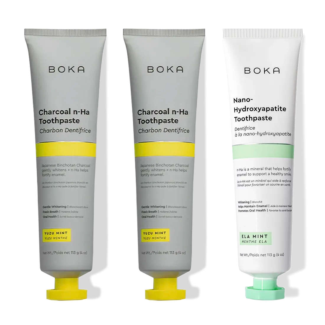 Two Boka Charcoal Yuzu Mint tubes, one Ela Mint nano-hydroxyapatite tube.