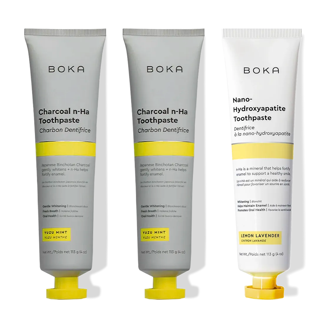 Three tubes of Charcoal Yuzu Mint Whitening n-Ha Toothpaste 3-pack for a brighter smile.