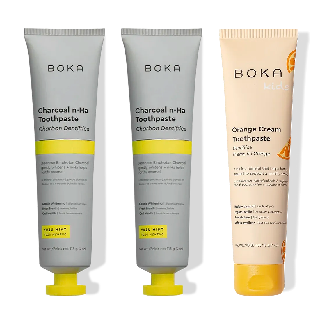 Three tubes of Charcoal Yuzu Mint Whitening n-Ha Toothpaste 3-pack by Boka.
