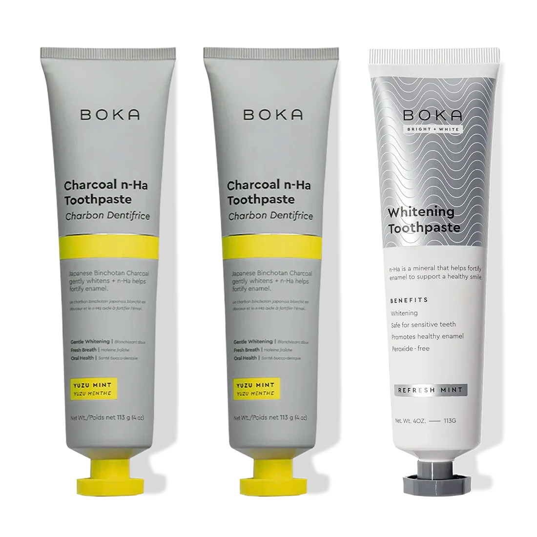 One Boka Charcoal Yuzu Mint Whitening n-Ha Toothpaste 3-pack.