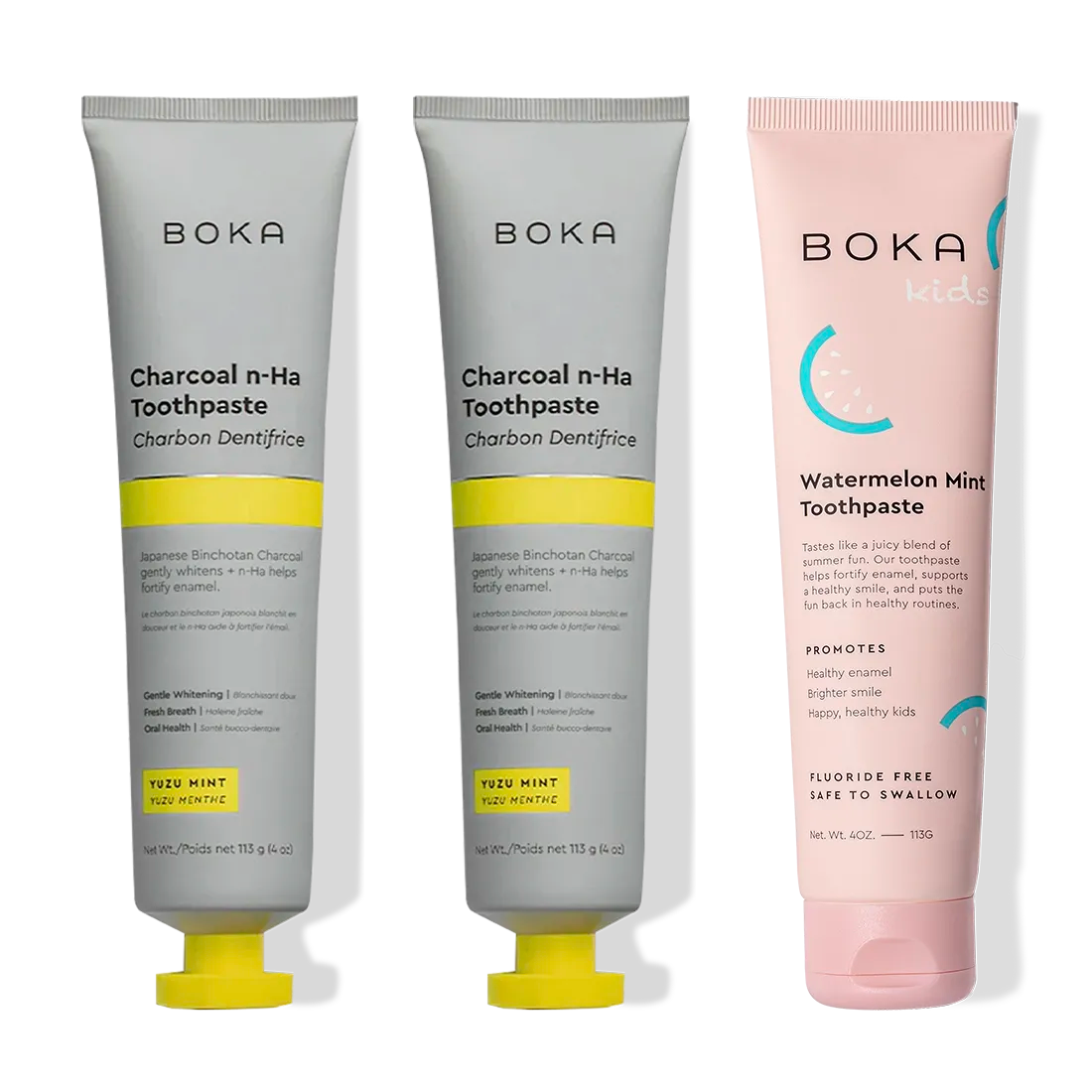 Three-pack: Charcoal Yuzu Mint Whitening n-Ha Toothpaste. Includes grey and pink watermelon mint flavors.