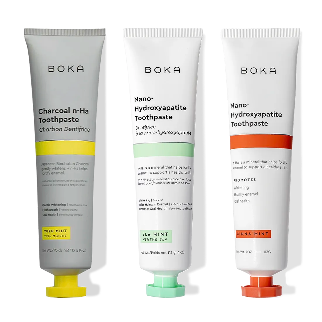 Three Charcoal Yuzu Mint Whitening n-Ha Toothpaste tubes, 3-pack, upright on a white background.