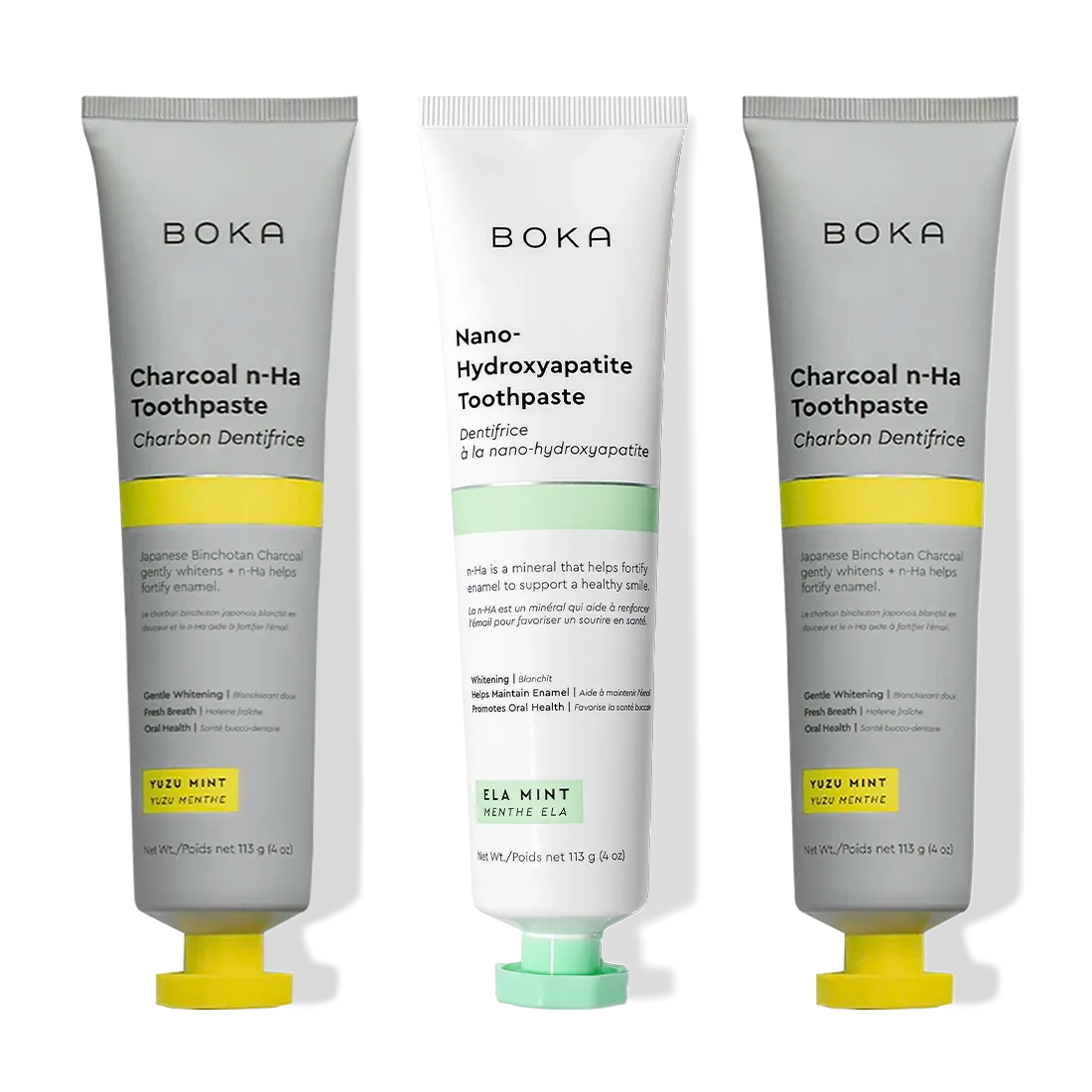 Three tubes of Charcoal Yuzu Mint Whitening n-Ha Toothpaste 3-pack for a cleaner, brighter smile.