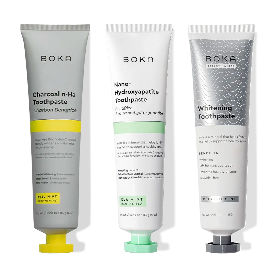 Gallery view - Three Boka Charcoal Yuzu Mint Whitening n-Ha Toothpastes for a brighter, whiter smile.
