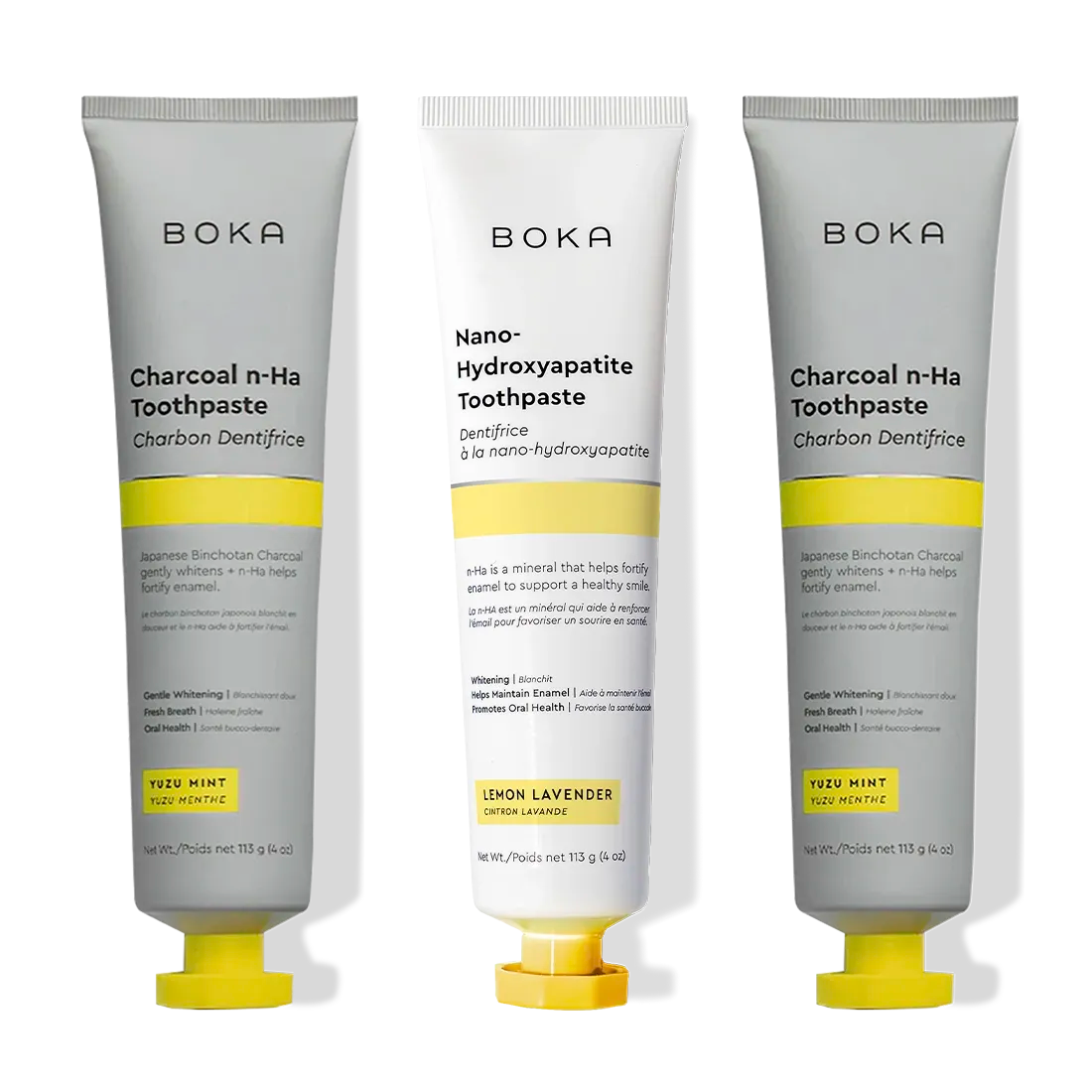 Three tubes of Charcoal Yuzu Mint Whitening n-Ha Toothpaste for a brighter, whiter smile.