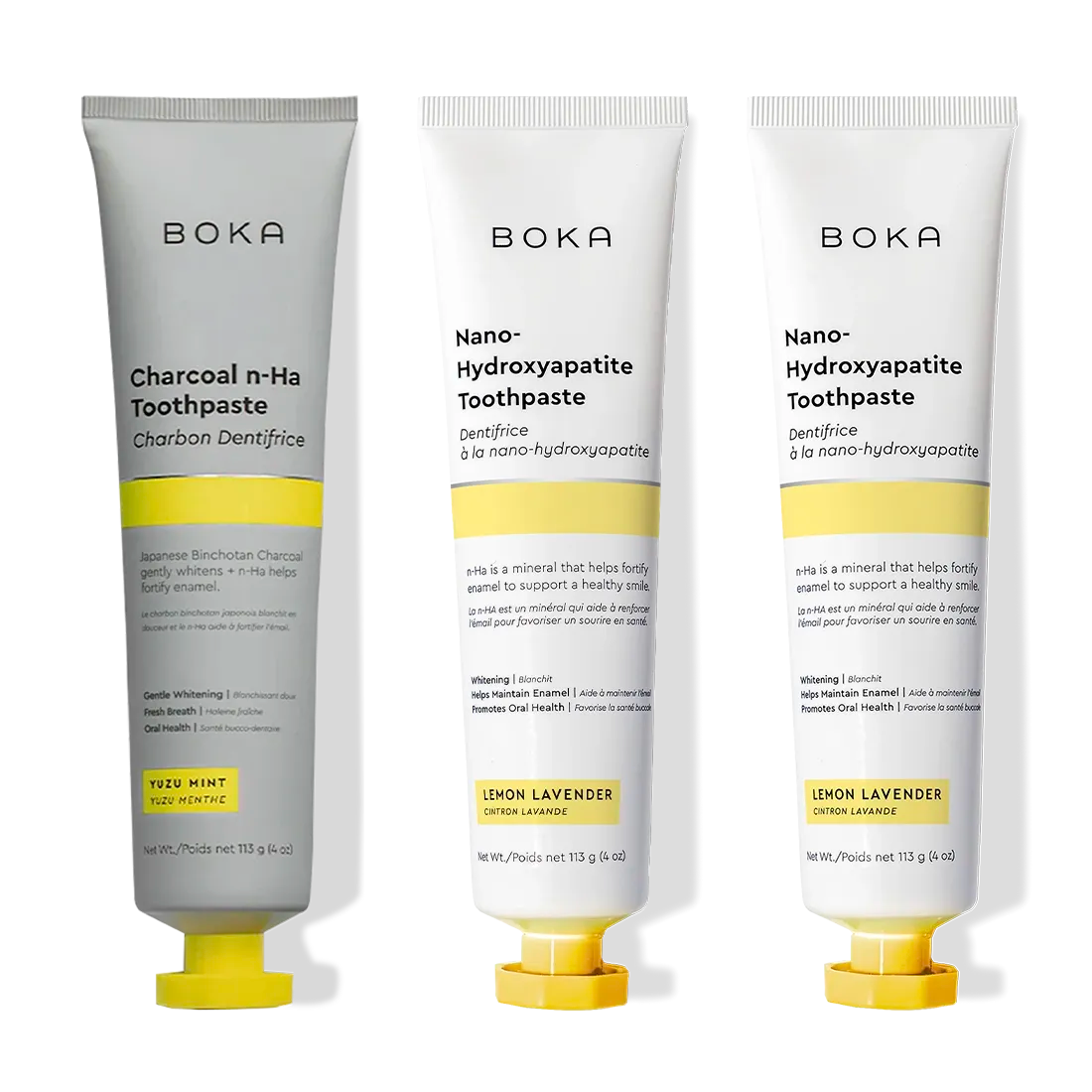 Three upright tubes: Charcoal Yuzu Mint Whitening n-Ha Toothpaste 3-pack for a brighter smile.