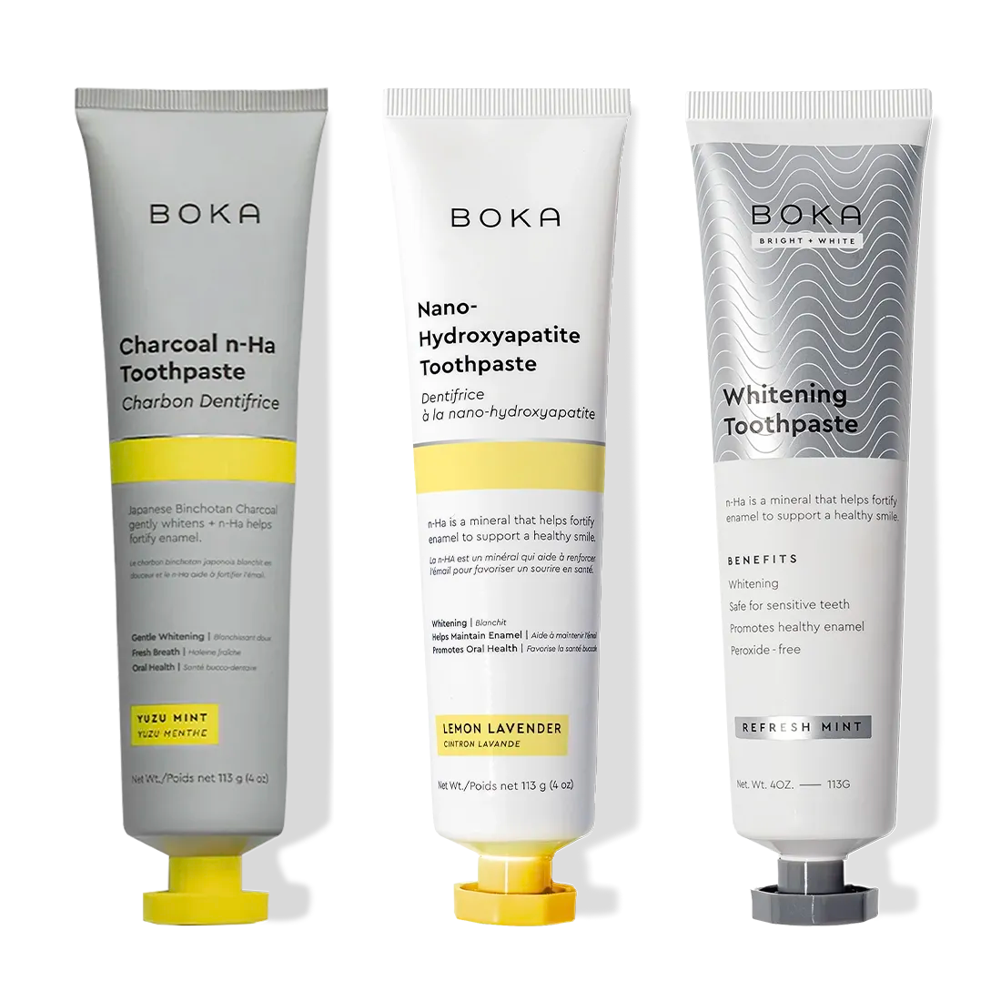 Charcoal Yuzu Mint Whitening n-Ha Toothpaste 3-pack stands upright for a whiter smile.