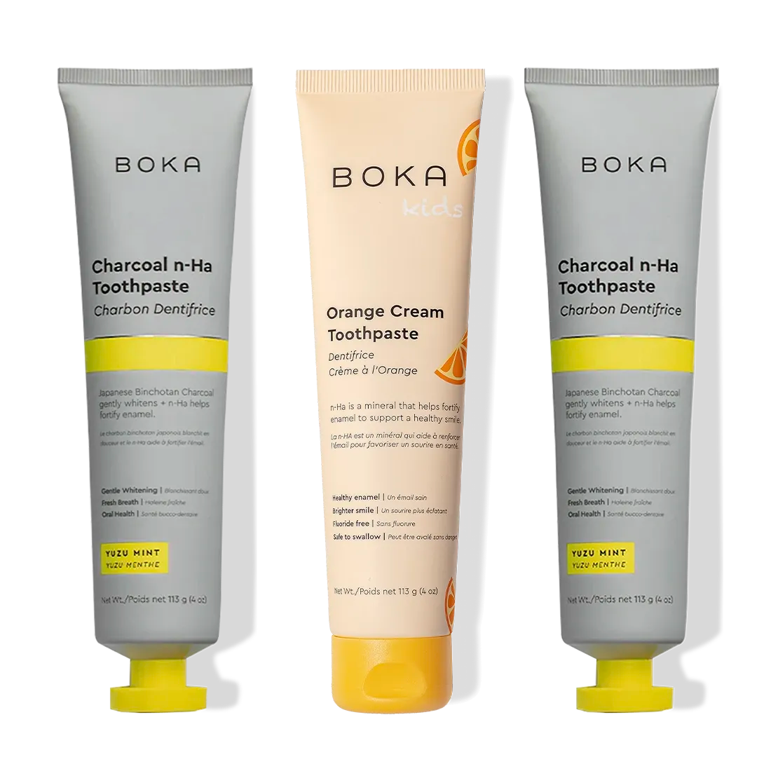 Get three Boka Charcoal Yuzu Mint Whitening n-Ha Toothpastes for a brighter, whiter smile.