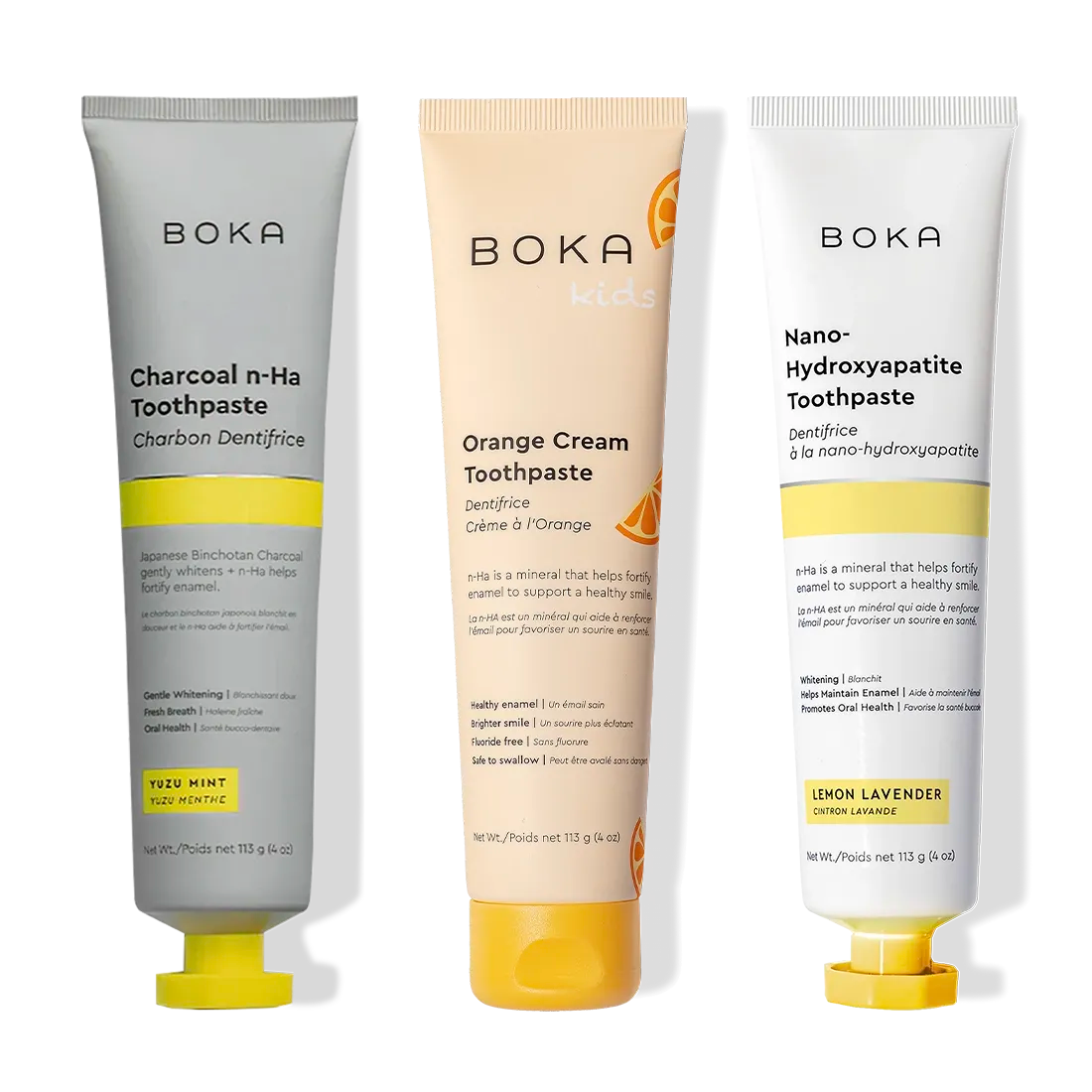 Three-pack of Charcoal Yuzu Mint Whitening n-Ha Toothpaste for a naturally brighter smile.