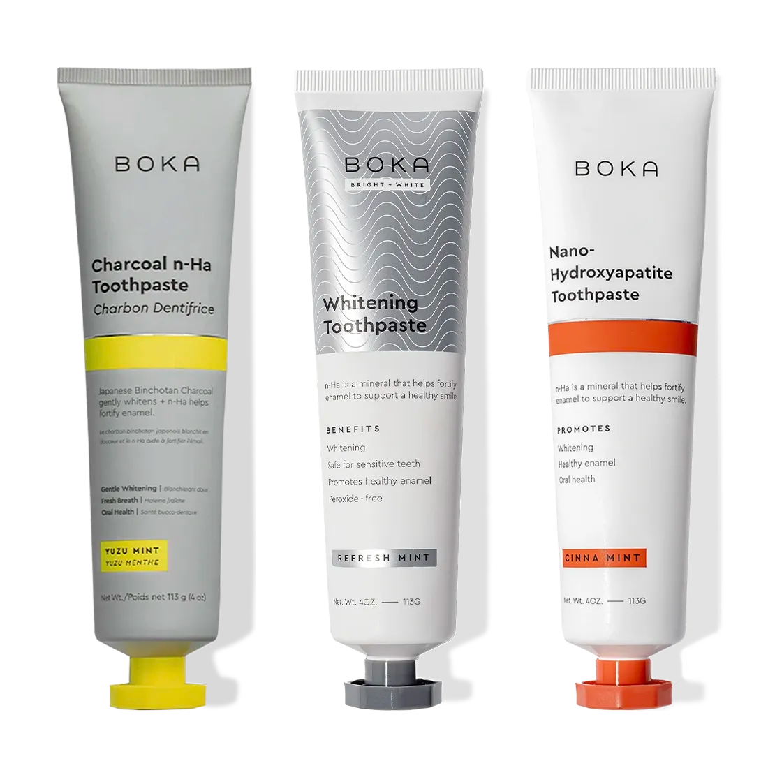 Three tubes of Charcoal Yuzu Mint Whitening n-Ha Toothpaste for a brighter smile every day.