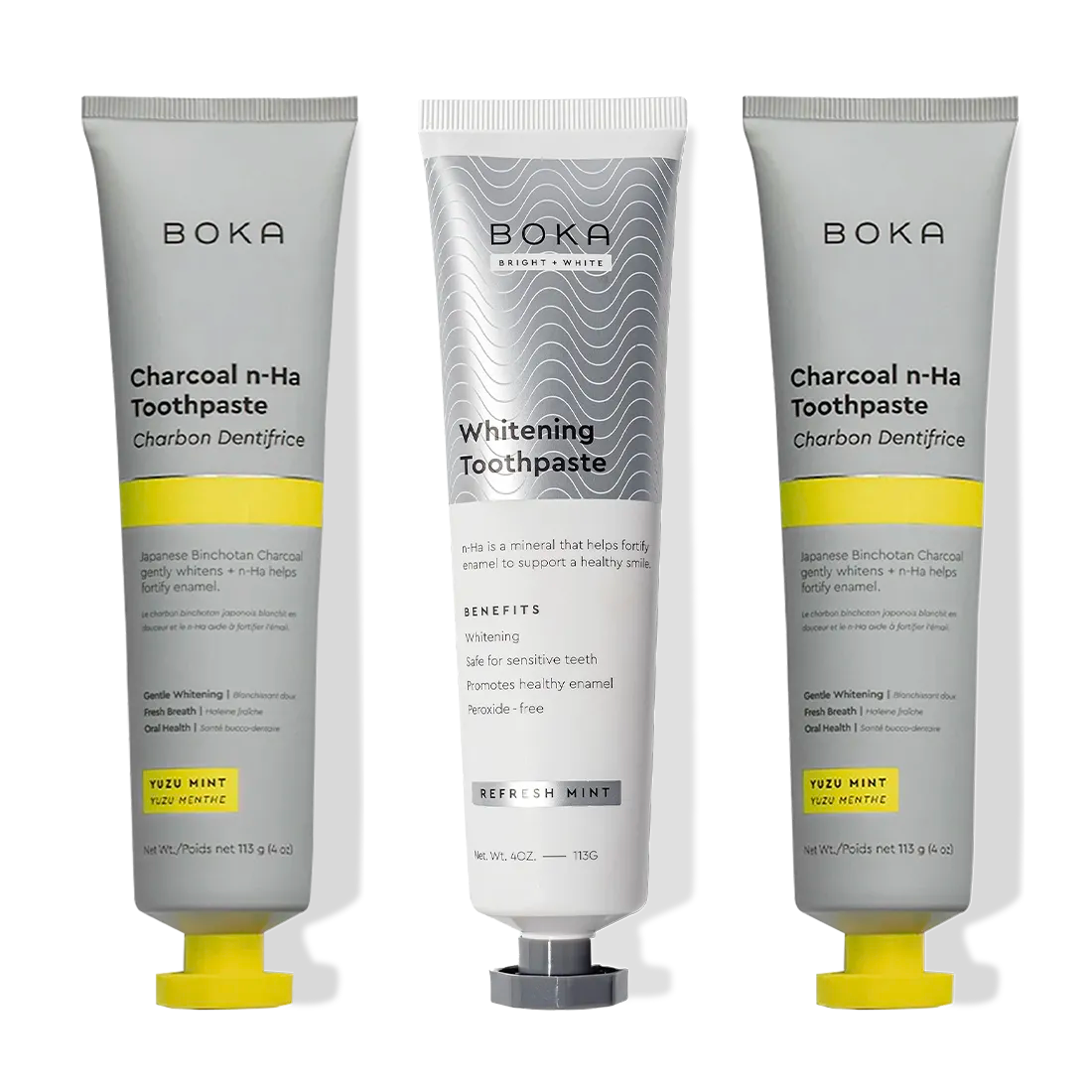 Three tubes of Charcoal Yuzu Mint Whitening n-Ha Toothpaste 3-pack for a brighter smile, upright.