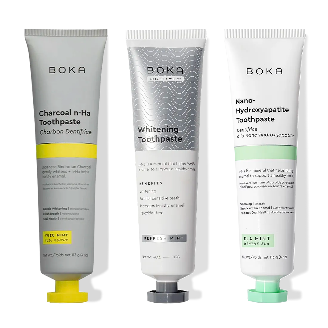 Gallery view - Three upright tubes of Charcoal Yuzu Mint Whitening n-Ha Toothpaste 3-pack on a white background.