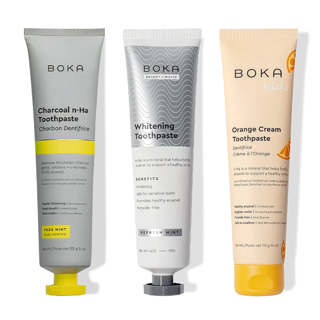 Charcoal Yuzu Mint Whitening n-Ha Toothpaste 3-pack promises you a whiter, brighter smile—fluoride-free.