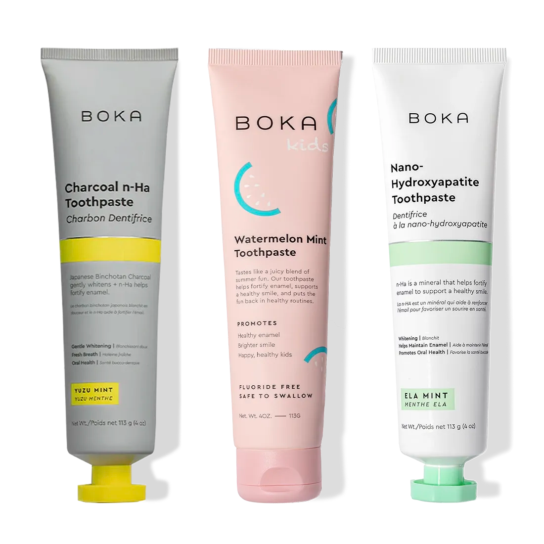 Three Charcoal Yuzu Mint Whitening n-Ha Toothpaste tubes, 3-pack, for a brighter smile.
