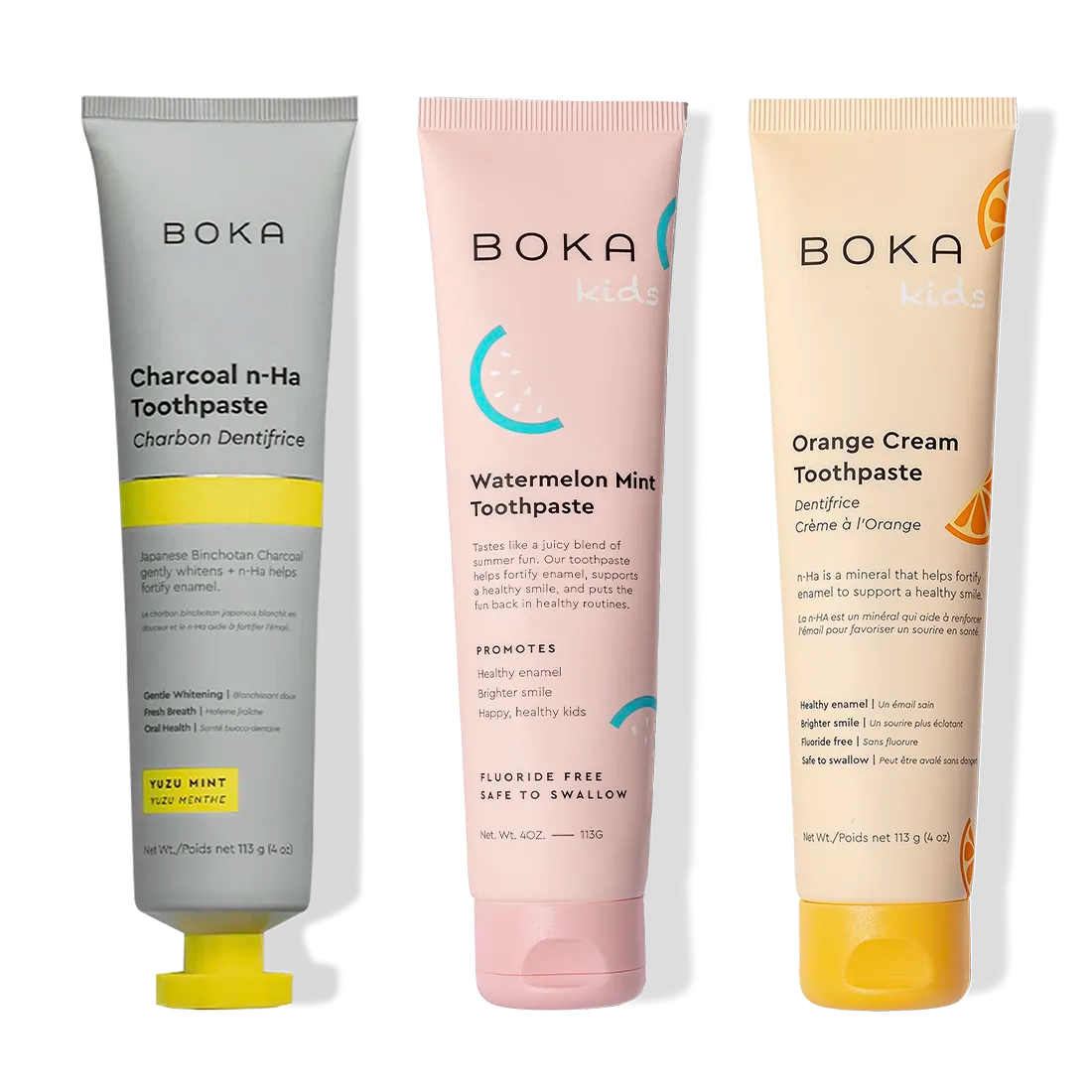 Three Charcoal Yuzu Mint Whitening n-Ha Toothpaste tubes for a whiter smile.