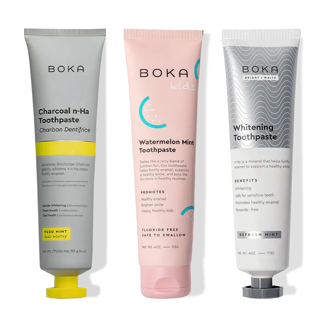 Charcoal Yuzu Mint Whitening n-Ha Toothpaste 3-pack: includes three fluoride-free Boka toothpaste tubes.