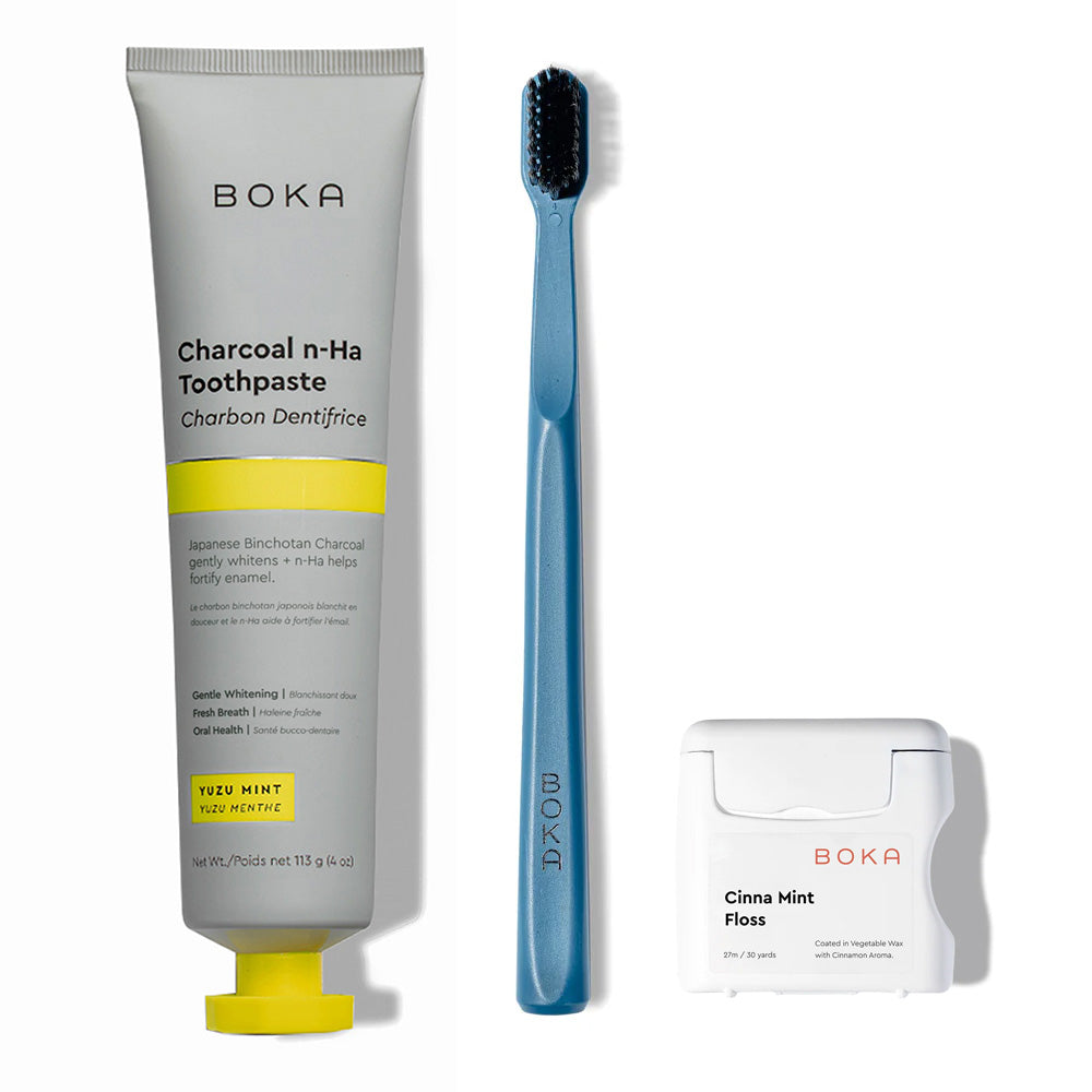Classic Kit: nano-hydroxyapatite toothpaste, blue charcoal-bristle brush, and teflon-free floss.