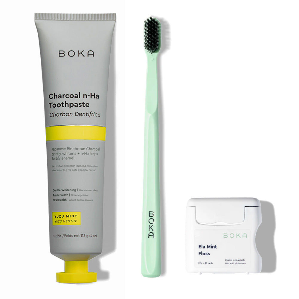 Classic Kit with nano-hydroxyapatite toothpaste, green brush, and teflon-free floss.
