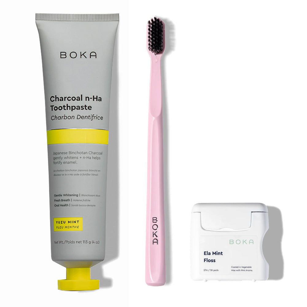 The Classic Kit includes nano-hydroxyapatite toothpaste, a pink brush, and teflon-free floss.