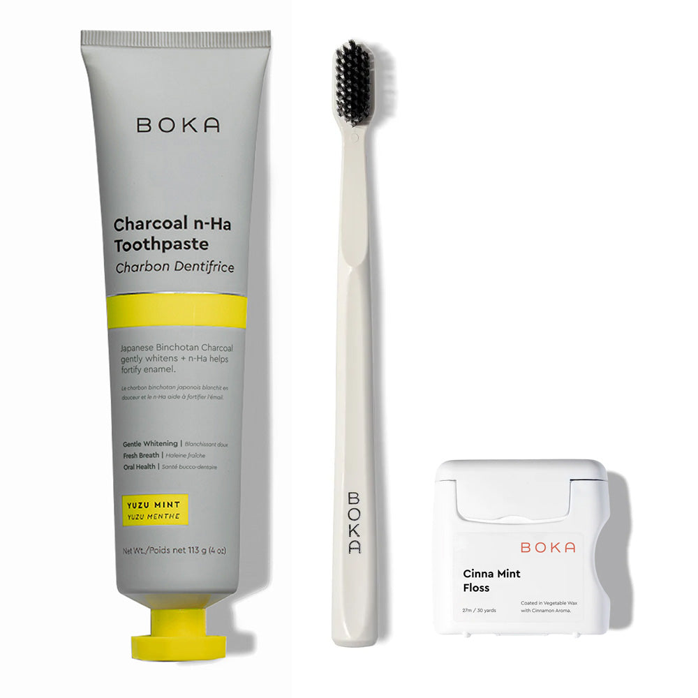 Classic Kit: nano-hydroxyapatite toothpaste, charcoal bristle brush, and teflon-free floss.